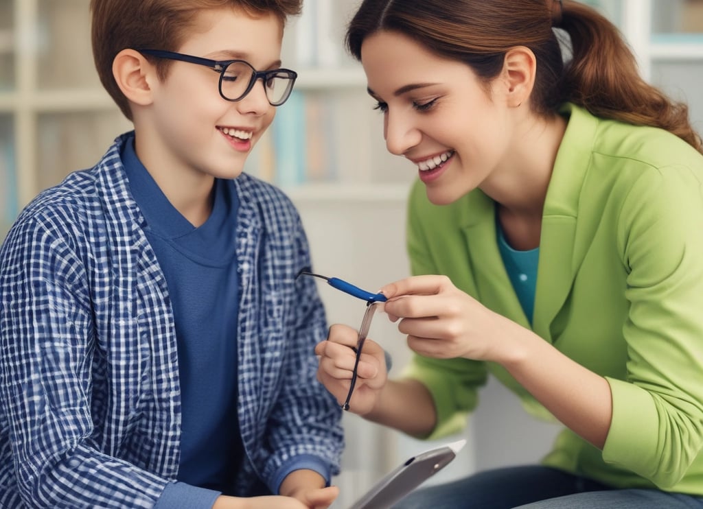 Boy in doctor's coat listens to mother's chest