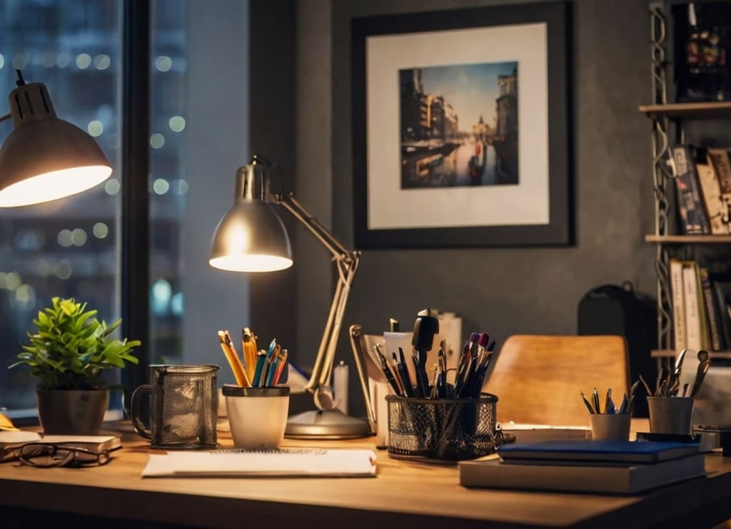 Cantinho de trabalho em sala de estar, com iluminação natural e plantas decorativas ao redor.