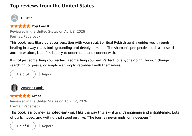 Screenshot of positive five-star customer reviews for a paperback book titled Spiritual Rebirth.