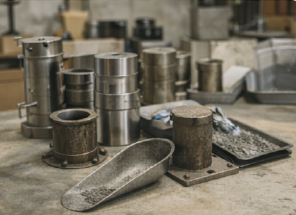 Moldes metálicos y accesorios para preparación de muestras en laboratorio de materiales.