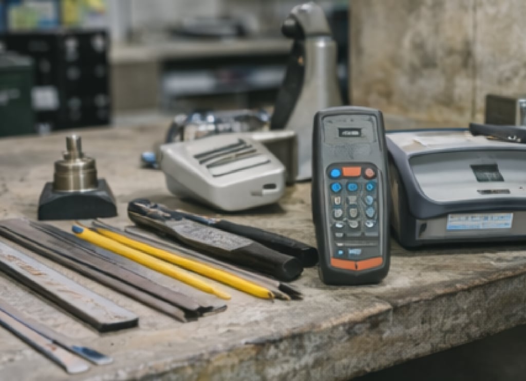 Herramientas y dispositivos de medición para control técnico de materiales.