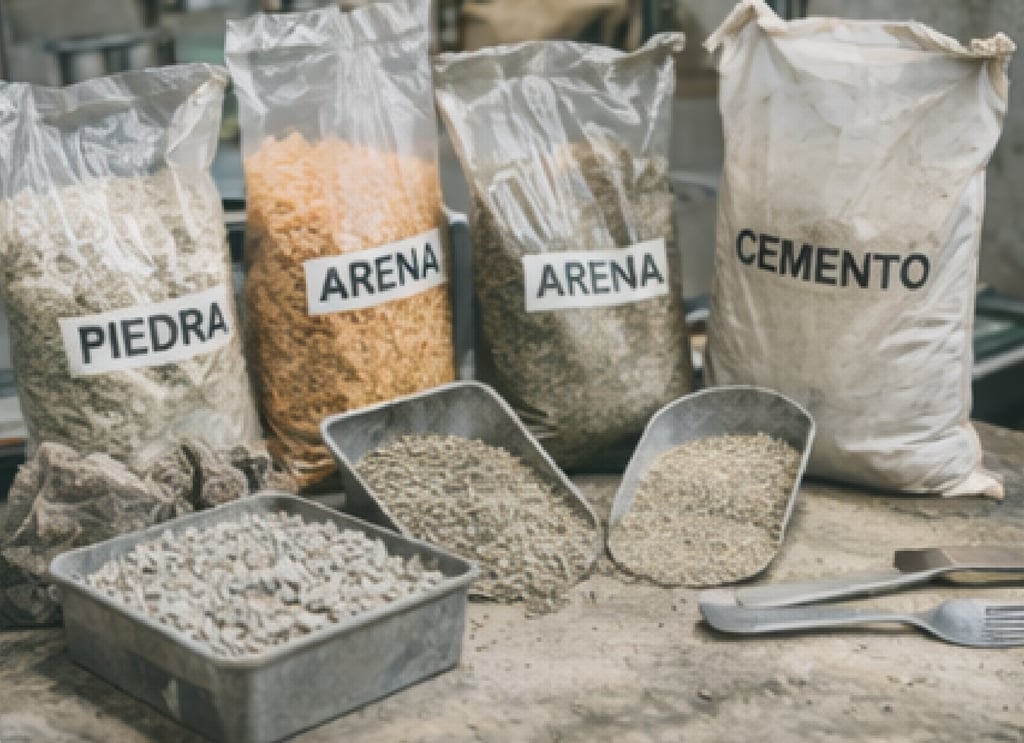 Muestras de agregados y materiales para ensayos de suelos y ensayos de hormigón.