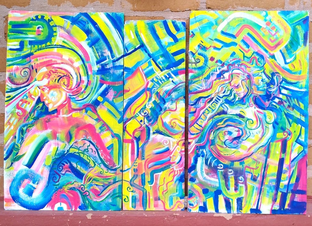 Le triptyque Réalisé lors de Oz Galactic Wizards, dans son ordre original. Mélange de couleurs, d'abstraction  et d'art visio