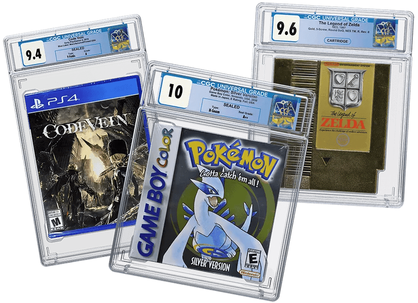 CGC graded video games including Pokemon Silver, Code Vein, and a gold The Legend of Zelda cartridge.