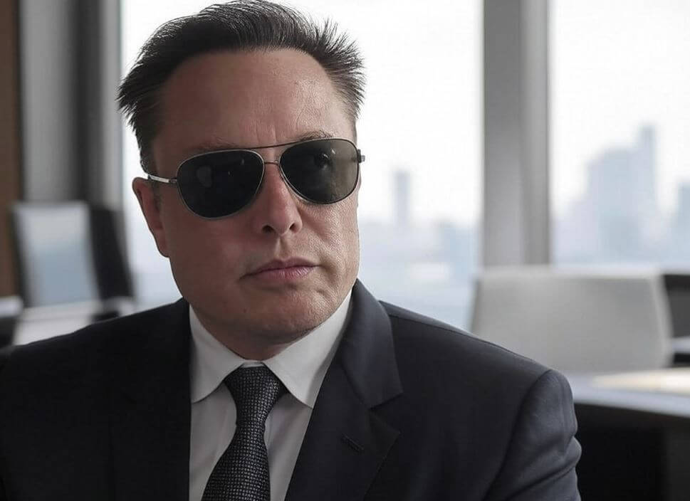 a man in a suit and sunglasses sitting at a table