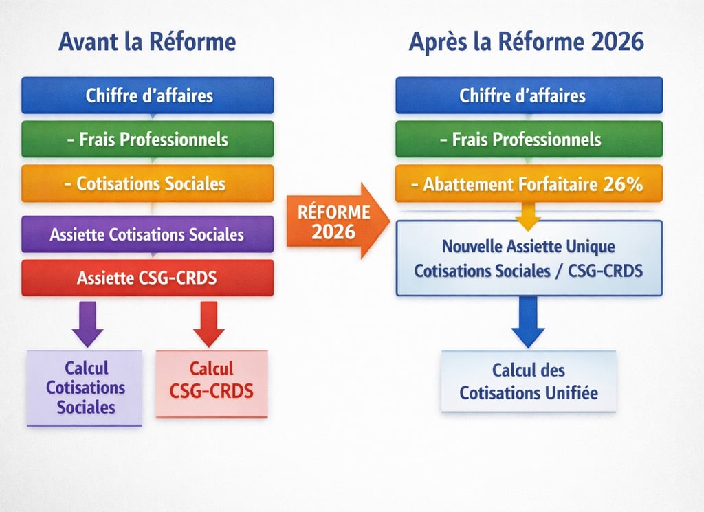 Schéma explicatif de la réforme de l’assiette sociale et des cotisations des indépendants en 2026