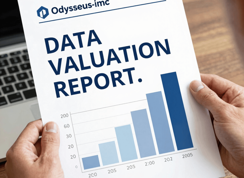 A person holding a printed Data Valuation Report with a blue bar chart showing growth trends over time.