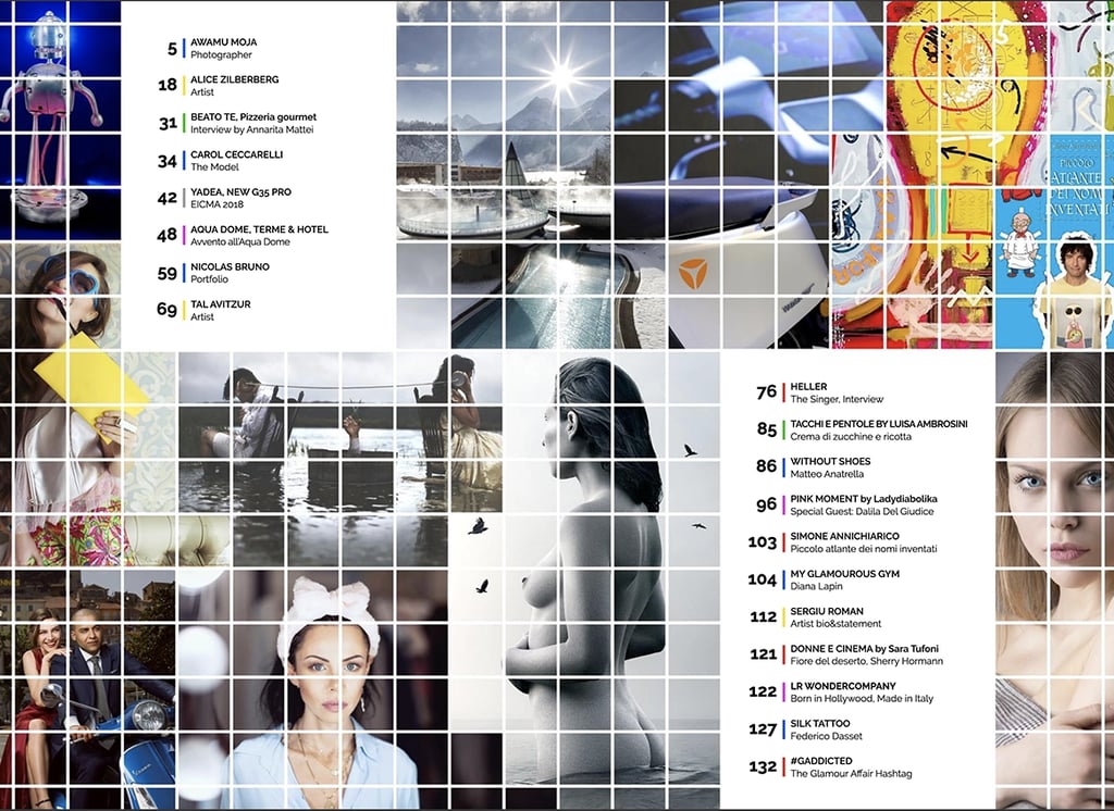 Table of Contents for Glamour Affair issue with article about artist Tal Avitzur.