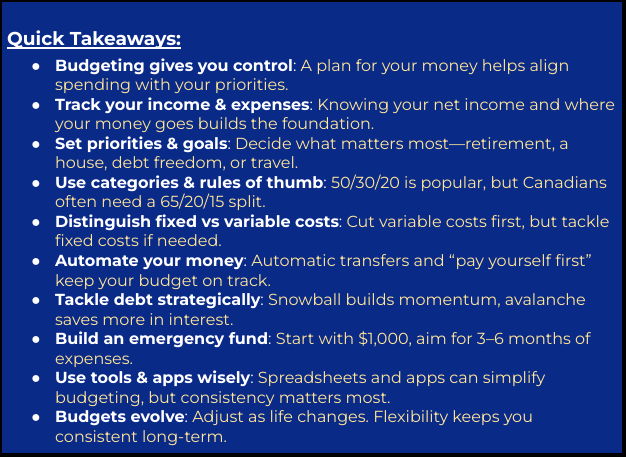 Quick takeaways from this blog post on budgeting