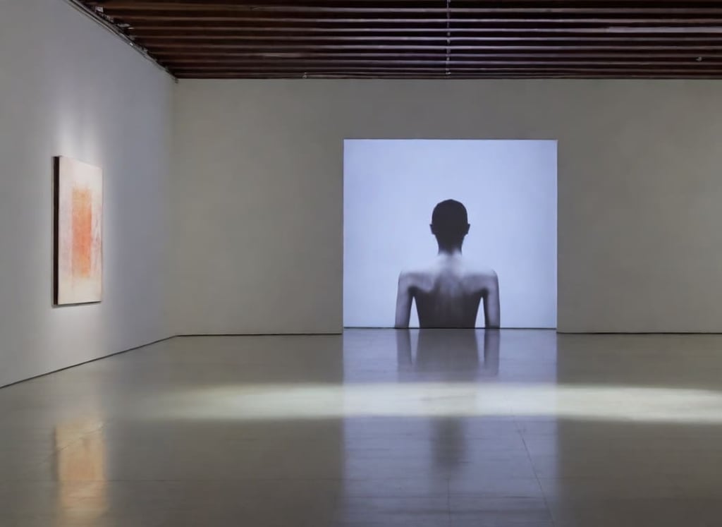 Sala de galeria minimalista com uma projeção em tela grande