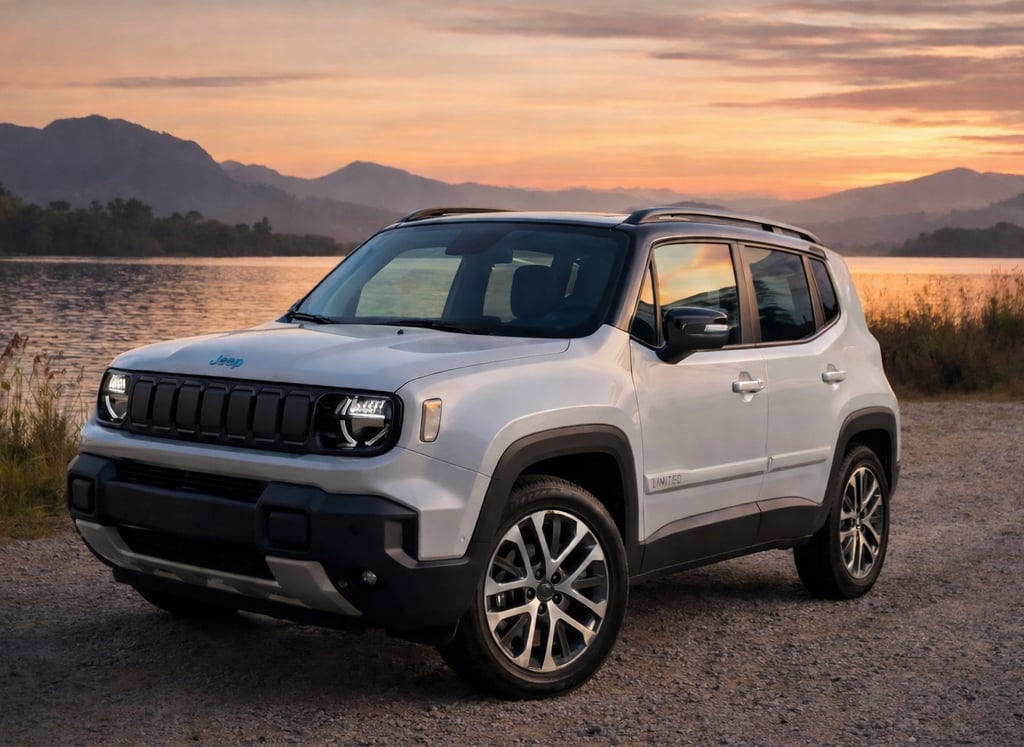 Jeep Renegade 2027 híbrido cor clara com teto preto em cenário ao ar livre próximo a lago