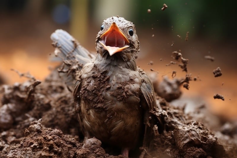 A happy bird chirps prematurely in a pile of cow poo