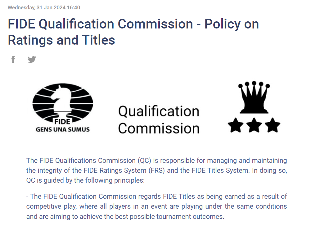FIDE Qualification Commission 2024 - Policy on Ratings and Titles. FIDE Chess