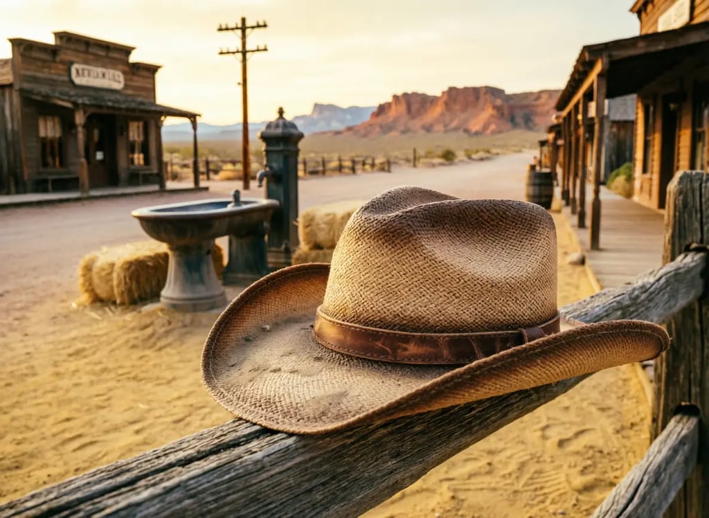 Chapeau de cowboy en paille sur une clôture en bois, avec une rue de ville du Far West au coucher du soleil.