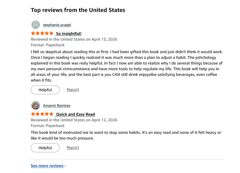 Screenshot of positive five-star customer reviews for a paperback psychology and habit-building book.