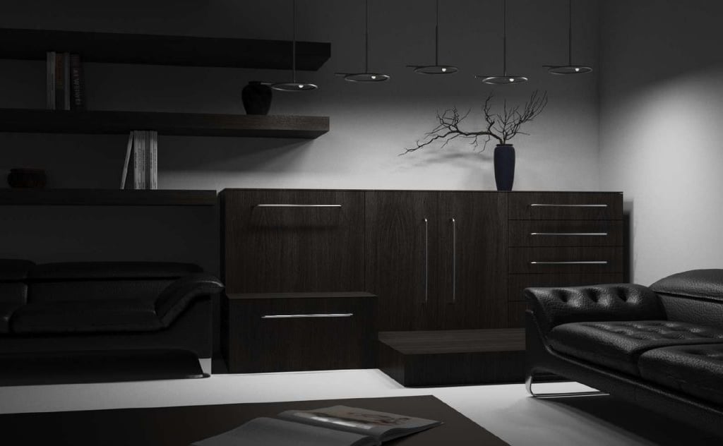 foto comedor en blanco y negro con iluminación de techo