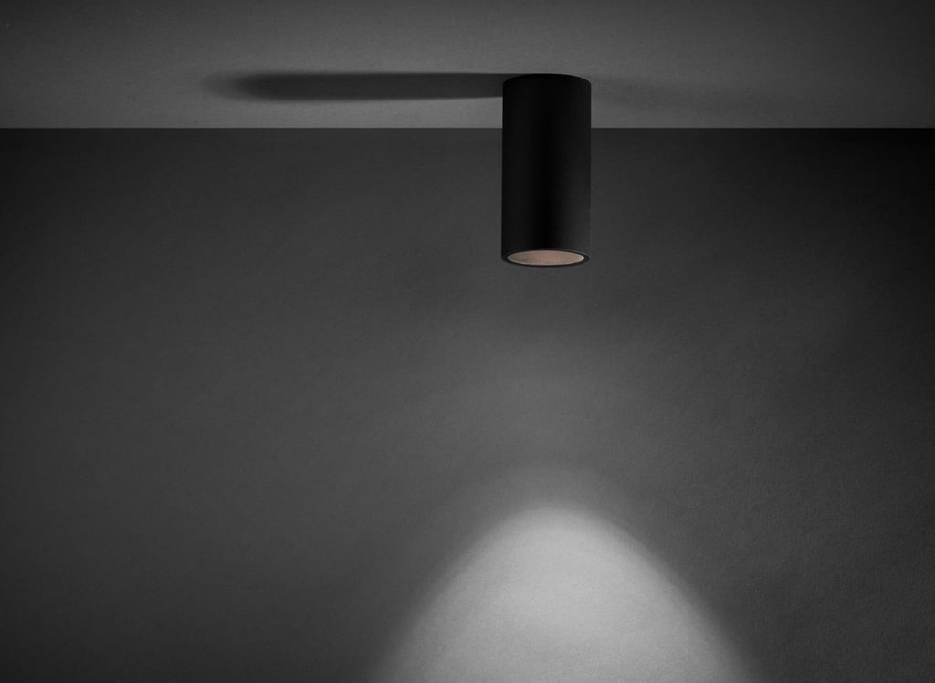 Foco de superficie cilíndrico LOB negro, con luz puntual directa de techo