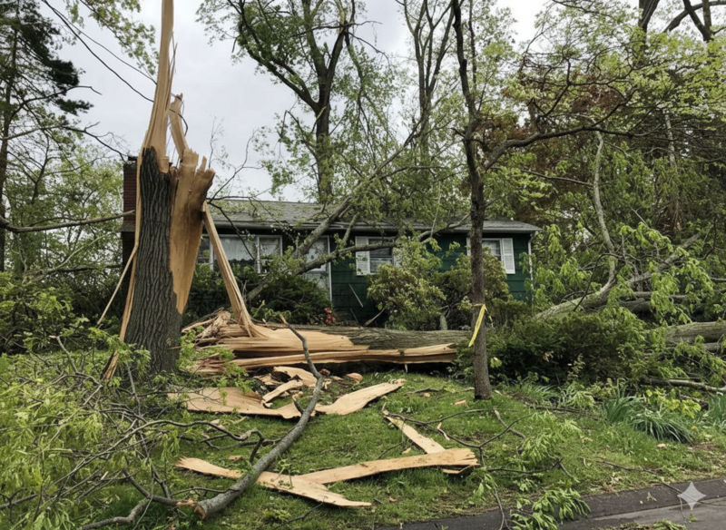 A large tree split and fallen onto a house roof after severe storm wind damage.