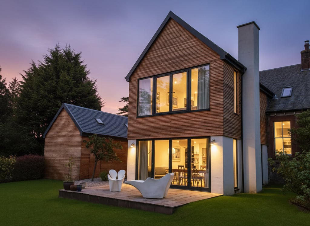 Modern two-story home with timber cladding and large windows glowing at dusk overlooking a stone patio.