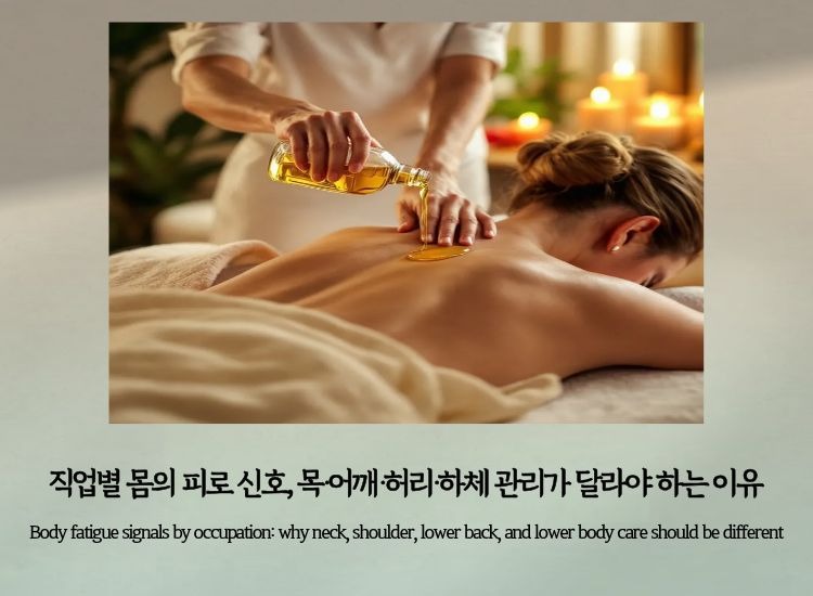 A massage care scene representing body fatigue signals and different care needs by occupation