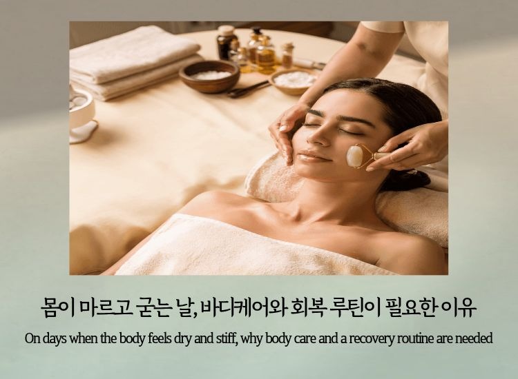 A woman receiving gentle skincare, representing body care and recovery for dry, stiff days