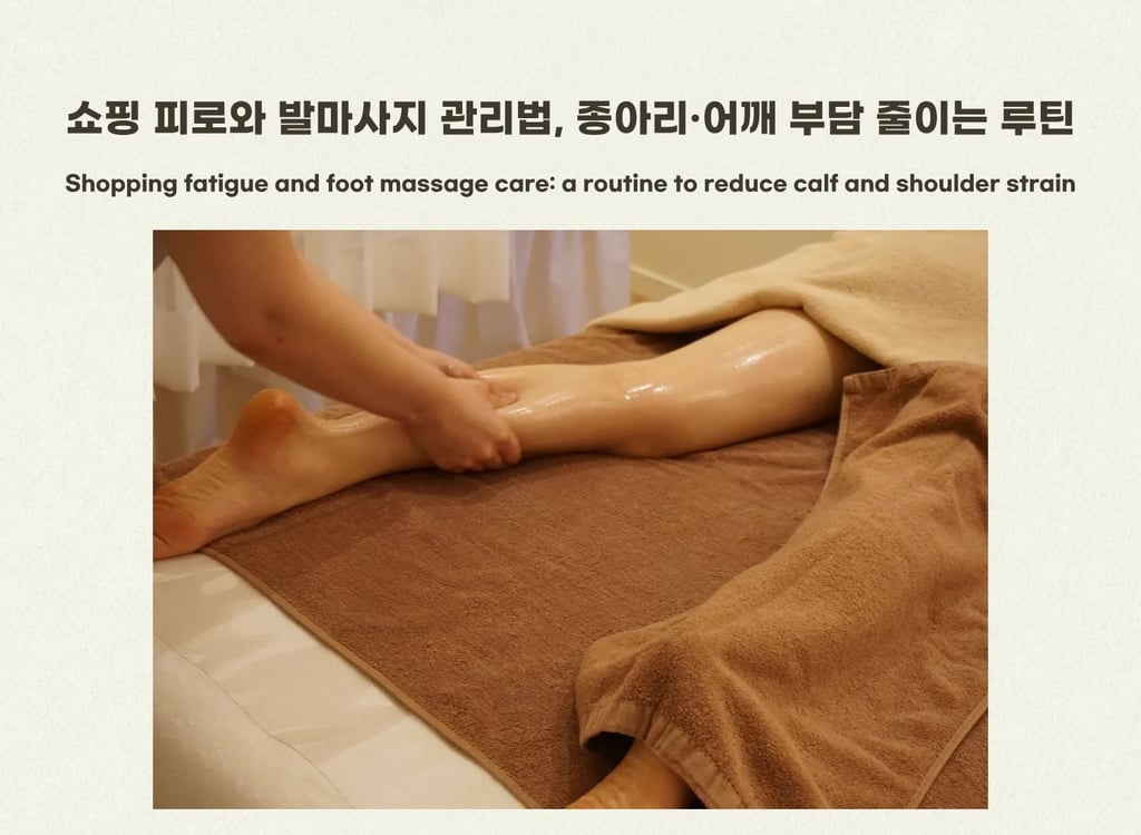Foot and calf massage care representing shopping fatigue and shoulder strain relief.
