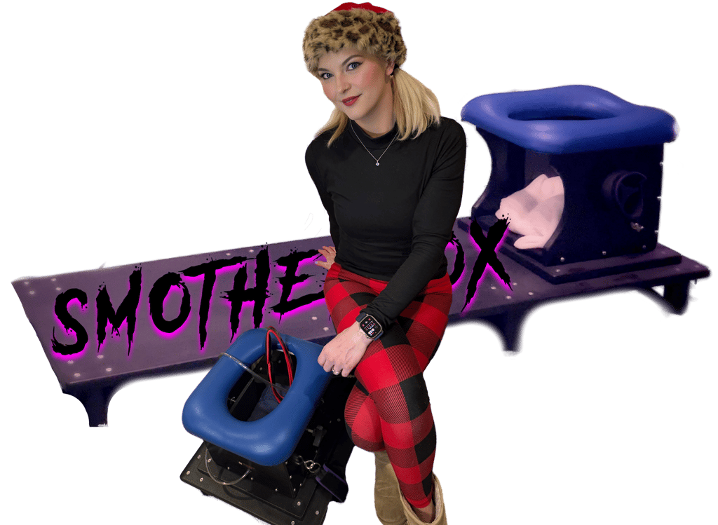 Haley sitting on her smotherbench, showing off her smotherbox