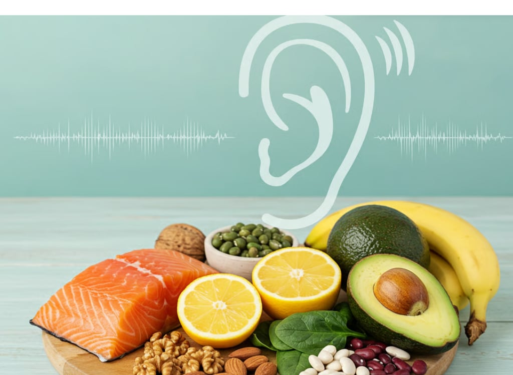 Alimentos ricos em nutrientes para saúde auditiva: salmão, abacate, nozes, vegetais e legumes