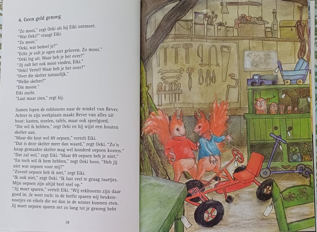 afbeelding van illustratie van twee eekhoorns in een speelgoedwinkel naast een pagina tekst uit boek