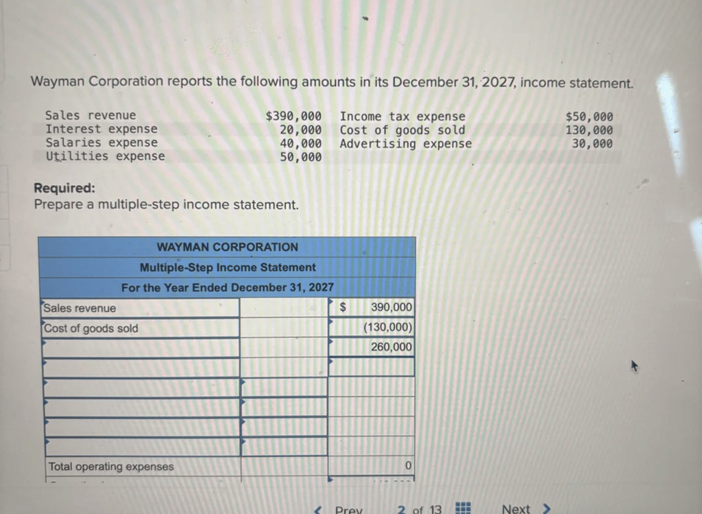 Multiple-step income statement accounting problem for Wayman Corporation showing sales revenue $390,