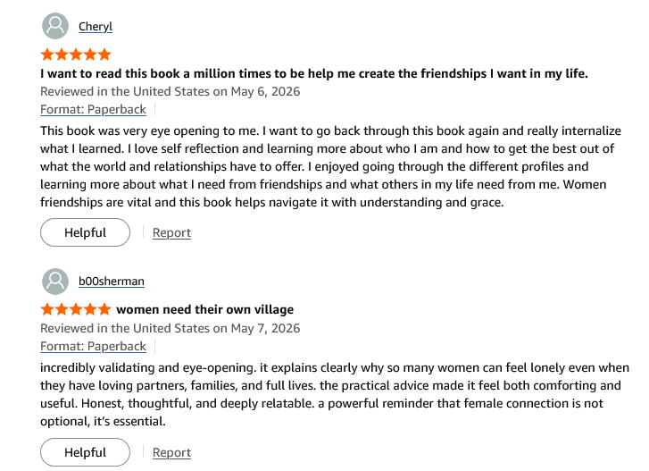 Five-star Amazon customer reviews for a self-help book about women's friendships and female connection.