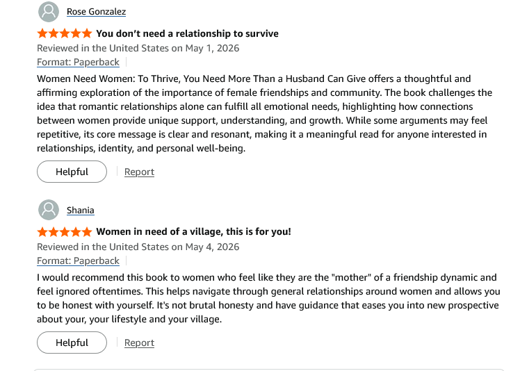Five-star Amazon book reviews for Women Need Women highlighting female friendship and community.
