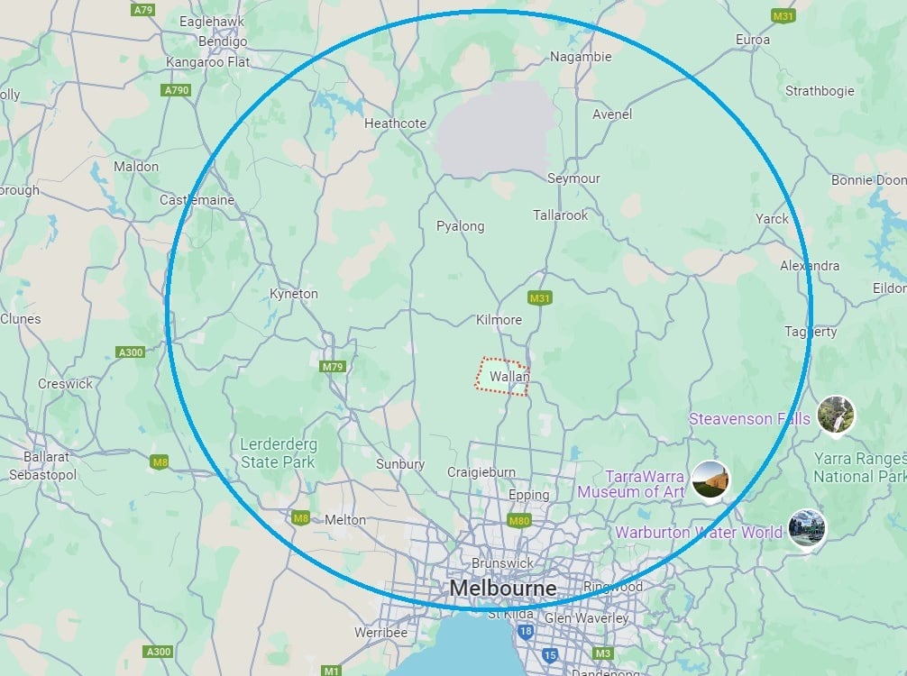 Map of the stage of Victoria circling the operating area of our mobile woodfire pizza oven