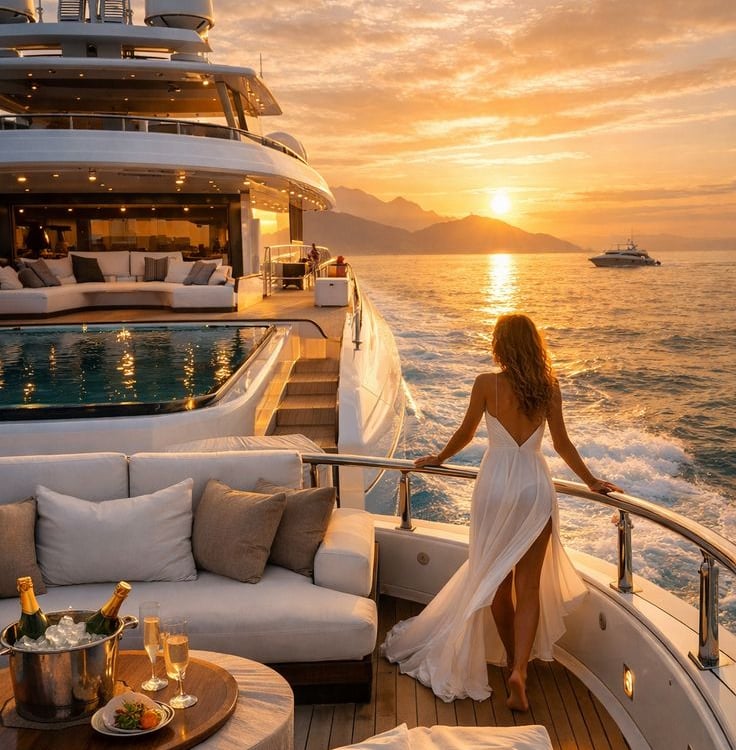 Luxury yacht rental in Dubai for private events at sunset