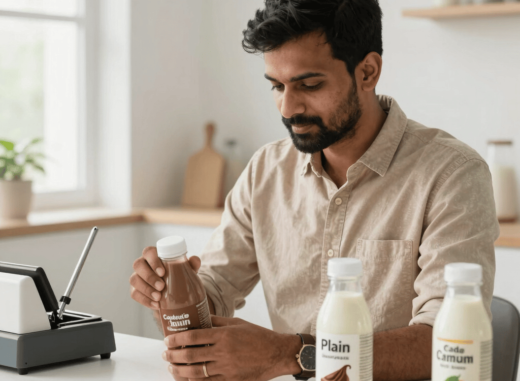 A man at a table examining a chocolate protein shake bottle next to plain and fruit milk bottles.
