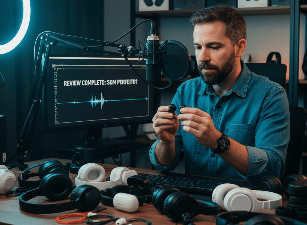 Um homem de camisa azul está segurando um celular.