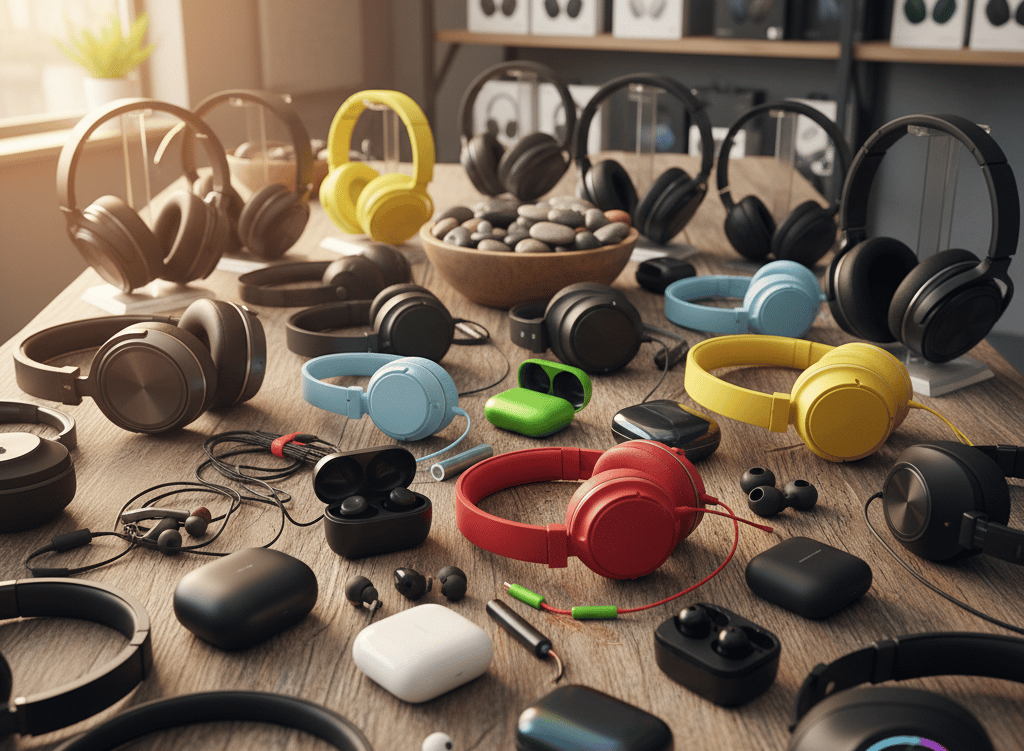 uma mesa com vários fones de ouvido e fones de ouvido