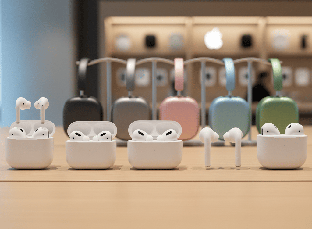 uma fileira de AirPods com fones de ouvido e fones de ouvido