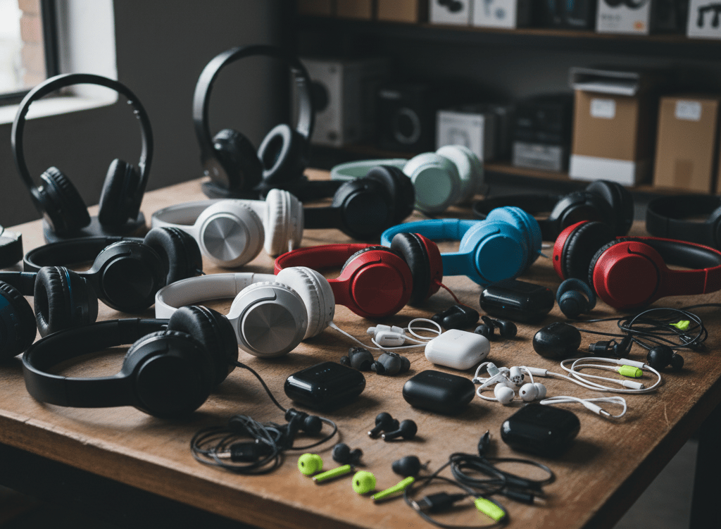 uma mesa com fones de ouvido e fones de ouvido em cima dela