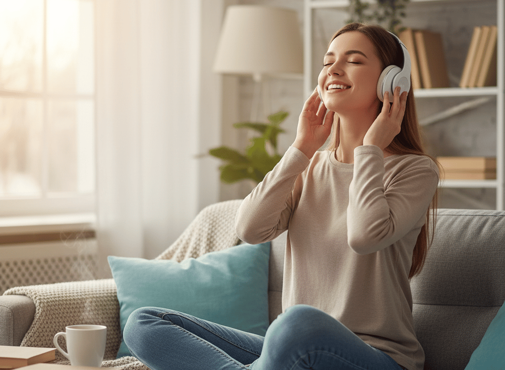 Uma mulher sentada em um sofá ouvindo música.