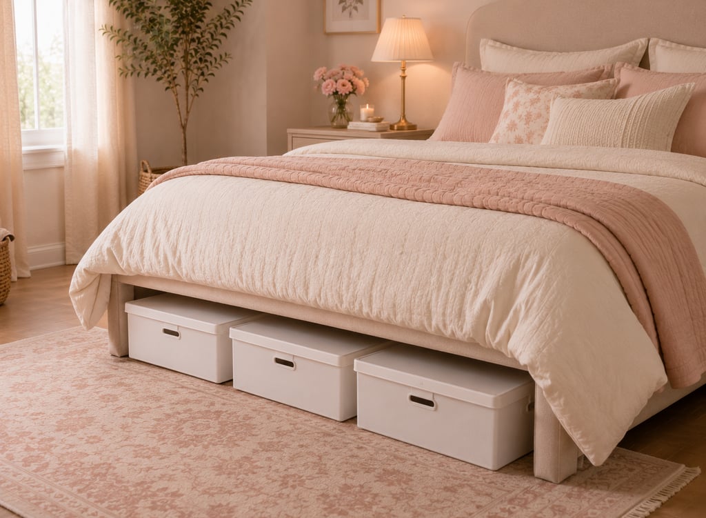 feminine bedroom under bed storage ideas with white flat storage boxes with lids