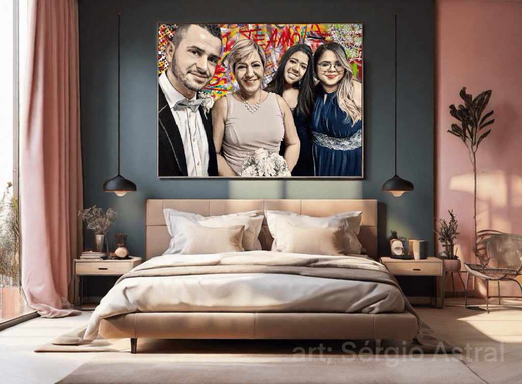 Design moderno e sofisticado: quadro pop-art destaca-se no quarto aconchegante.