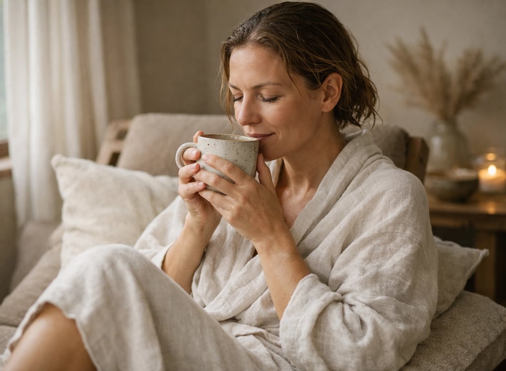 A woman in a linen robe relaxing following a sauna session while drinking a cup of coffee or tea.