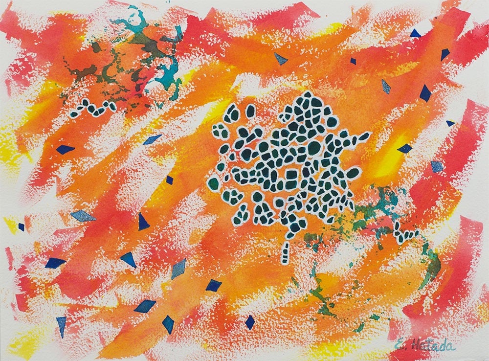 Abstract painting with dancing cells and triangles