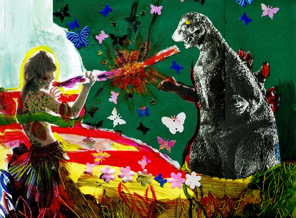 a woman in a hawaiian style costume with a gozilla