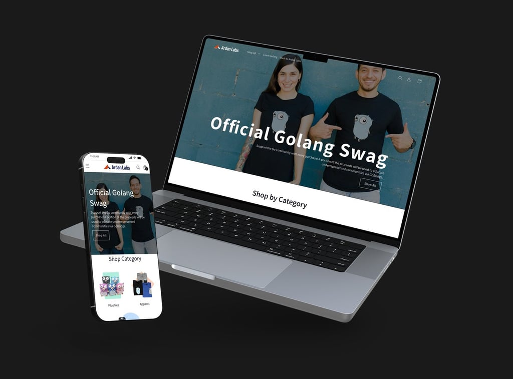 Responsive mockups (laptop and mobile) of Golang merch store 