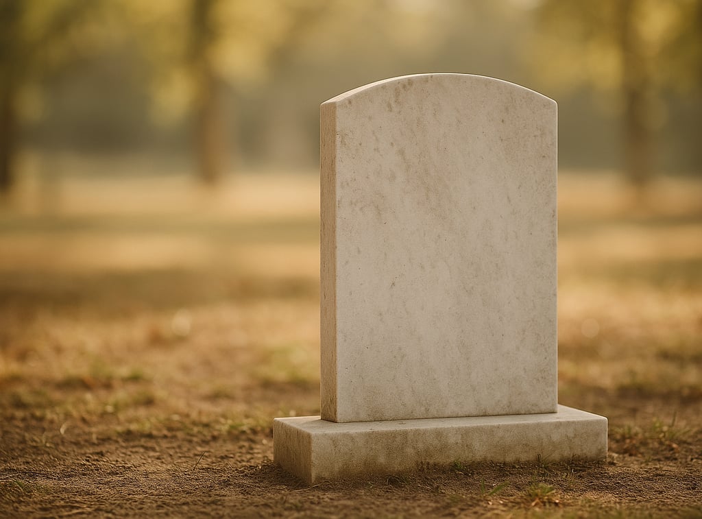 a simple marble tombstone with soft natural light; peaceful, poetic, minimal.