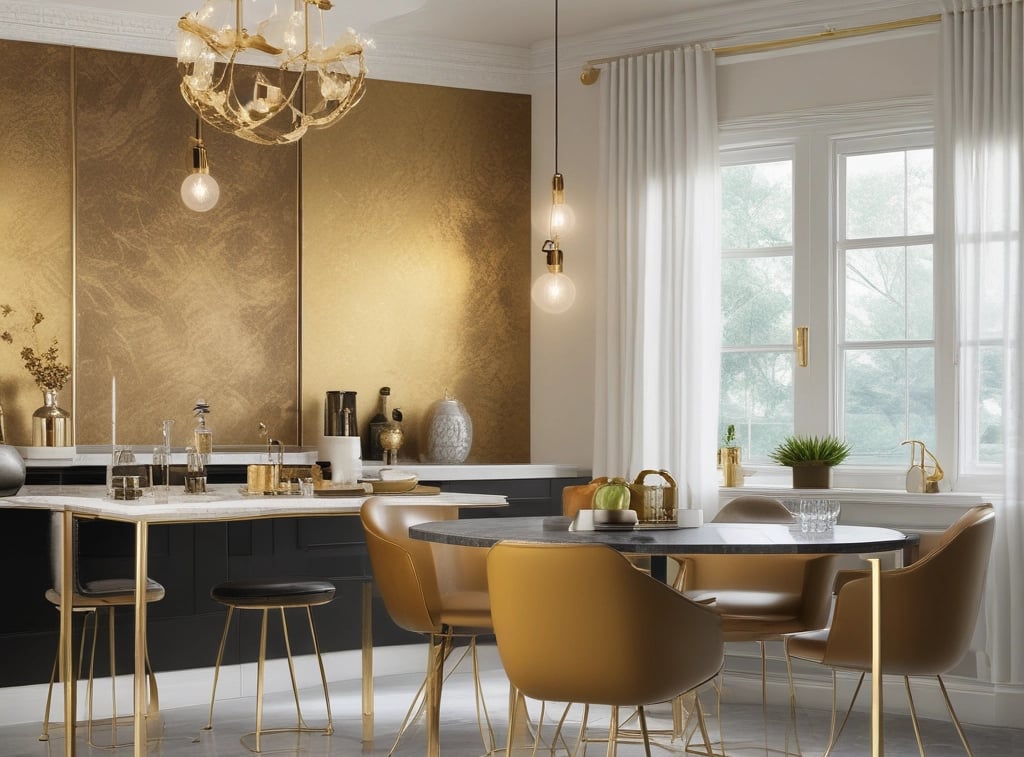 a dining room with a table and chairs and a touch of gold