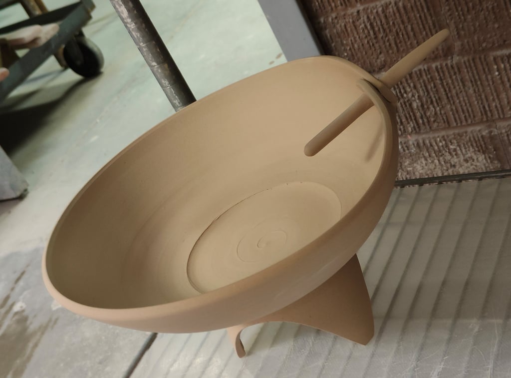 wheel-thrown and sculpted bird bath, waiting for bisque fire