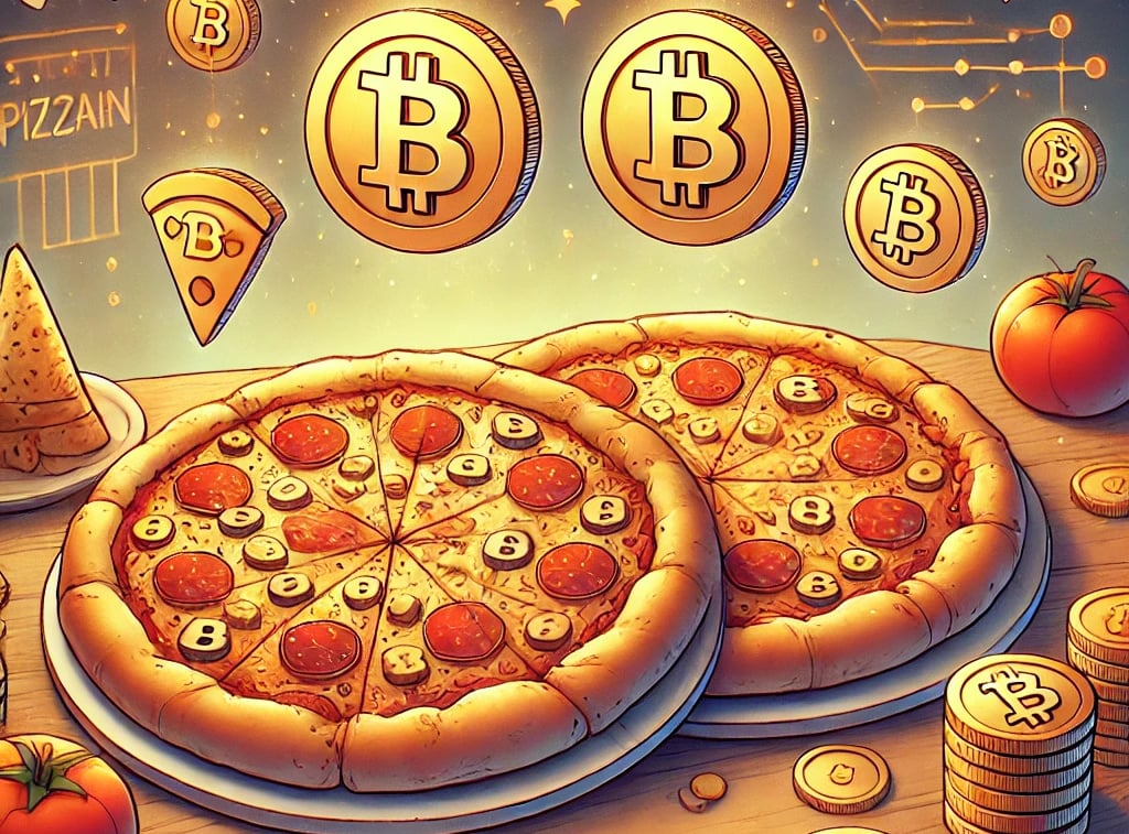 a pizza with bitcoin on it